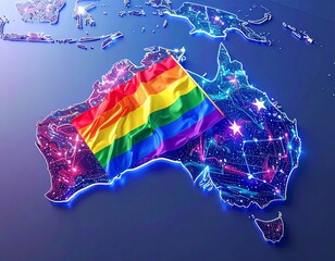 Australia&rsquo;s glowing map pulses with neon lights, draped in a vibrant rainbow, LGBTQ flag. It celebrates diversity, pride, and modern connection across the continent&rsquo;s digital landscape.