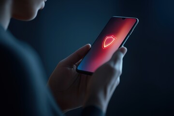 lose-up of hands holding a mobile phone displaying a red glowing security shield symbol. Concept of data protection, cybersecurity, and mobile privacy in dark environment.