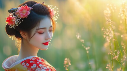 A woman in traditional dress with floral hairdo gazes softly amid golden field light. Her serene beauty evokes timeless grace, cultural elegance, and warm, natural radiance.