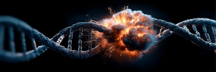 A DNA strand fractures in fiery explosion against black void, symbolizing genetic disruption. The intense burst conveys mutation, scientific breakthrough, or life-altering change.