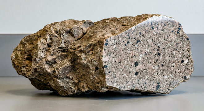 Porphyritic dacite specimen with prominent white plagioclase phenocrysts in a fine grained grey matrix.