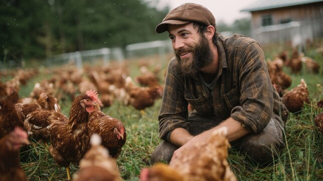 A farmer is smiling and kneeling in a field surrounded by free range chickens. Rain falls softly as the chickens roam freely around him. The setting shows a vibrant farm atmosphere.