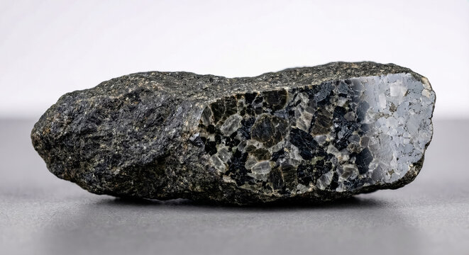 Dark phaneritic gabbro specimen with visible grey plagioclase and black pyroxene mineral grains.