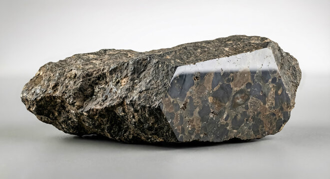 Dense dark latite specimen with porphyritic texture and visible small mineral crystals on polished surface.
