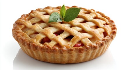 A pie sits on a flat surface with a brown lattice crust and green mint leaves on top. The pie has a fruit filling visible through the crust and looks freshly made.