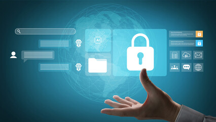 A creative representation of digital security featuring a hand reaching towards a glowing interface, showcasing lock symbols and chat bubbles over a world map. Gantry