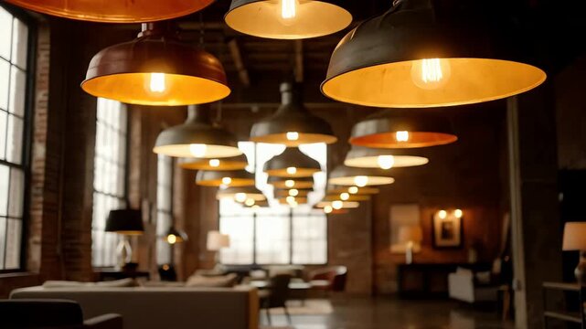 A close up view of rustic industrial style pendant lights hanging in a modern loft style apartment.