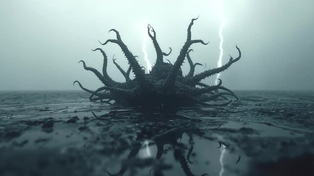 Dark Twisted Tree Roots Creature Misty Foggy Water Surface Lightning Storm Reflection Eerie Landscape