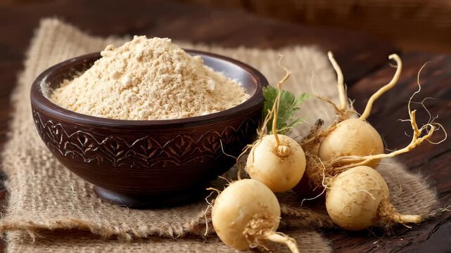 bowl of powdered maca root fresh maca root, Bowl of powdered maca root accompanied by fresh maca roots, highlighting natural wellness ingredients