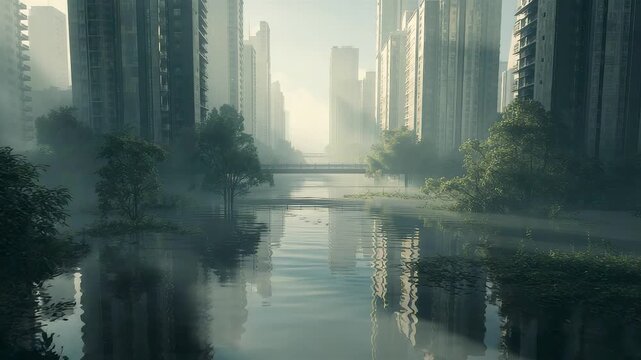 Misty Foggy Canal Water Reflection Skyscrapers Tall Buildings Greenery Urban Serenity Morning Glow