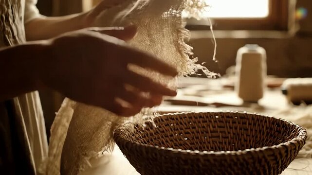 A close up of a person's hands pulling threads from natural woven fabric in a rustic workshop