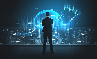 A businessman stands in an office with a city skyline backdrop, analyzing digital graphs. The scene...