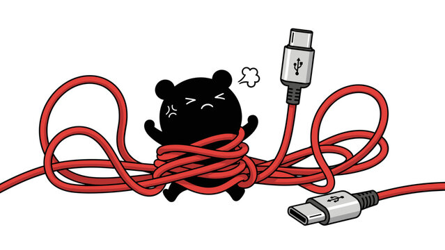 Frustrated cartoon bear entangled in vibrant red usb cable, connector chaos