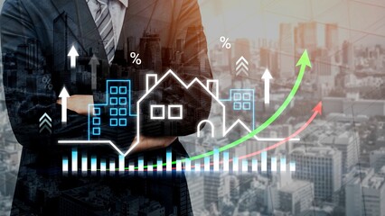 Businessman in Suit Overlooking Modern City with Real Estate Growth Visualization and Graphs Showing Market Trends and Financial Data Analysis Gluon.