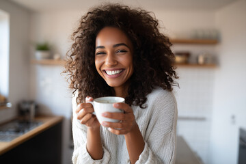 Beautiful woman smiling with a cup of coffee in the kitchen of her home