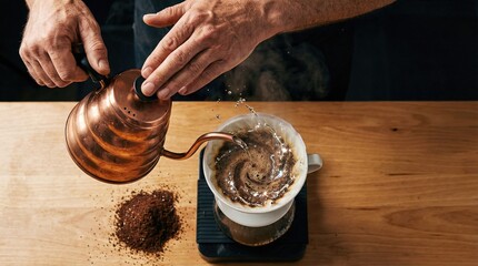 Man making pour over coffee with gooseneck kettle. Professional barista brewing drip coffee. Delicious morning beverage for cafe menu.