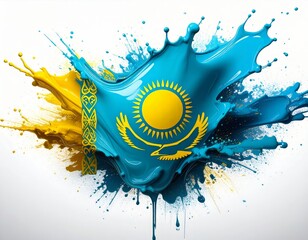 Kazakhstan flag explodes in a radiant splash of sky-blue and golden yellow paint. The vibrant, dripping strokes honor national pride with artistic flair and cultural vibrancy.