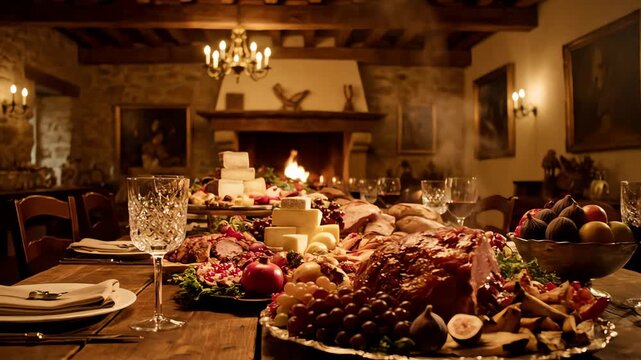 A lavish medieval banquet table set for a grand feast in a rustic castle hall with a fireplace.