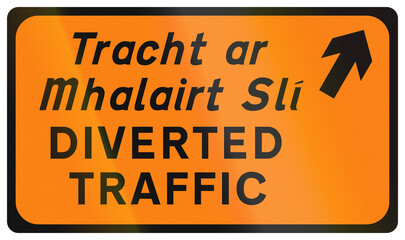 Temporary warning road sign used in Ireland - Diverted traffic keep right in Gaelic and English