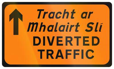 Temporary warning road sign used in Ireland - Diverted traffic ahead in Gaelic and English
