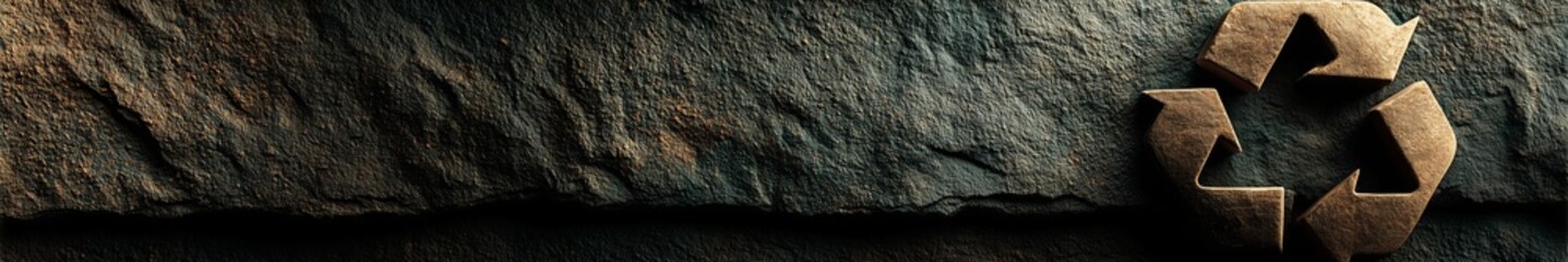 A rustic recycling symbol is carved into rough stone, blending nature with sustainability. Its earthy texture evokes enduring commitment to environmental care.