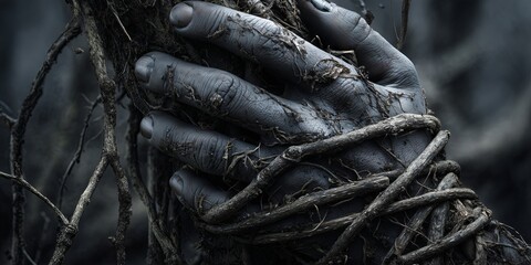 A grey hand, entwined with gnarled tree roots against a bleak, storm laden sky. The image conveys helplessness, struggle, or silent endurance in darkness.