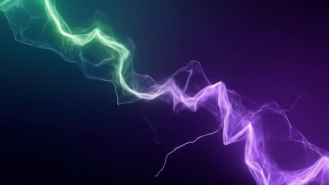 Glowing ethereal lines zig-zag across a dark gradient background, transitioning from green to purple