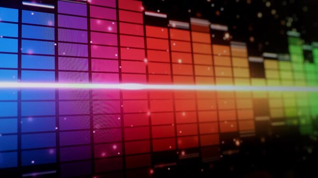 Sound Equalizer. Digital music or sound wave footage. Audio waveform equalizer scale on black loop animation. Color music equalizer abstract. Gradient spectrum bar graph. Wave Glowing Pulsing dancing