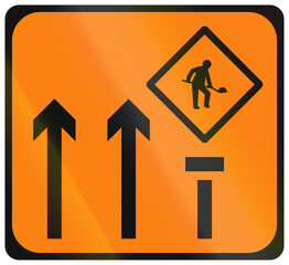 Temporary warning road sign used in Ireland - Lane 3 of 3 Closed