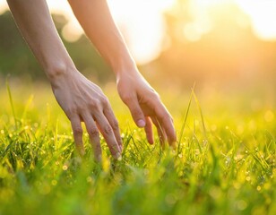 Gentle hands touch fresh green grass with dew drops in warm golden hour sunlight