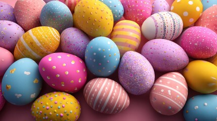 Many decorated Easter eggs are shown in different colors and patterns. They are placed closely together on a surface creating a vibrant scene for the holiday.