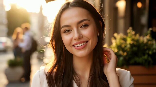 Close up portrait of a charming young woman with a beautiful smile on a sunny city street at golden hour