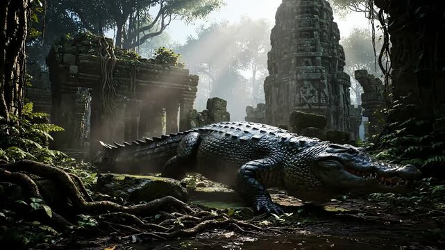 A cinematic scene of a giant menacing crocodile in an ancient jungle temple ruin
