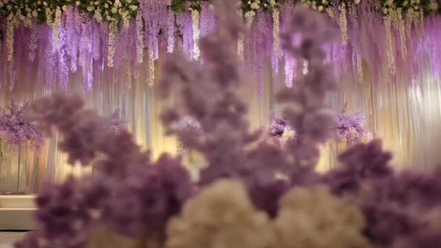 A floral stage decorated with cascading purple wisteria, white flowers, and soft draping curtains