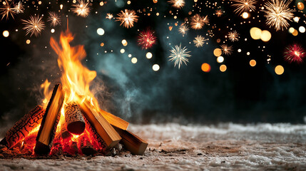 Magical winter bonfire celebration with sparkling fireworks under starry sky