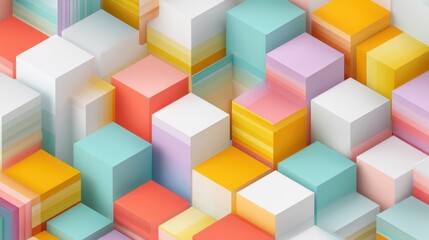 Obraz premium Bright blocks are arranged in a geometric design featuring different colors. The scene shows stacked cubes and layers in a vibrant pattern. This artwork highlights creativity.