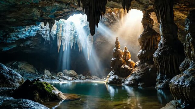 Mystical underground cave grotto with a pristine lake and dramatic sunbeams illuminating the rock formations.