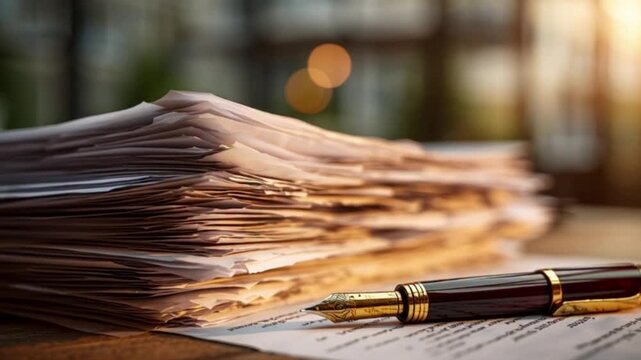 Elegant fountain pen on a stack of documents on a wooden desk