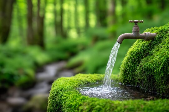 Water flows from a faucet in a green forest setting