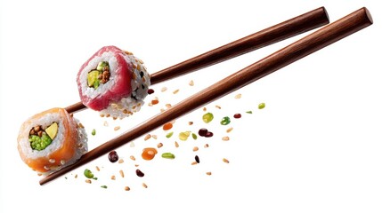 Two sushi rolls sit on chopsticks with various toppings around them. The setting shows a focus on the food highlighting the colors and textures. This scene takes place during a meal.