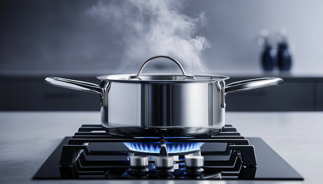 Stainless steel pot on a gas stove boils water. Steam rises from cooking pot on burner. Kitchen appliance is used for food preparation.