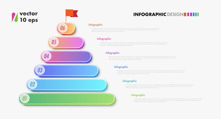 Pyramid infographic template 6 steps or option glassmorphism 3d for presentation, theory basic operation, start up project, business strategy, logic analysis