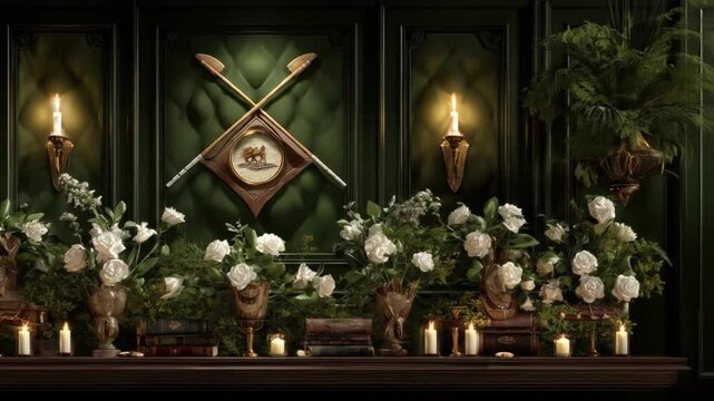 A regal, interior design scene featuring flowers, candles, books, and decorative elements