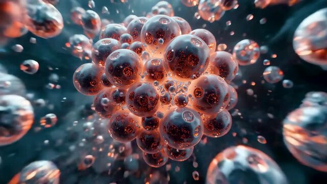 Floating Orange Bubbles Cluster Spheres Reflection Glow Dark Abstract Background Liquid Droplets