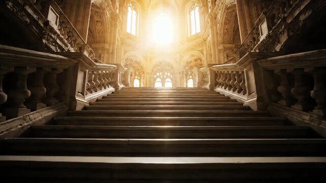 Ascending a majestic stone staircase toward a bright divine light inside an ancient cathedral