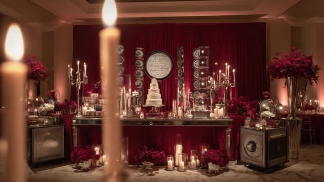 Elegant dessert display with cake, flowers, and candles in a warmly lit, red-themed setting