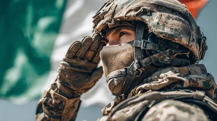 A soldier in full camo gear salutes, face masked, against a blurred Italy flag backdrop. The image honors duty, resilience, and national pride amid solemn focus.