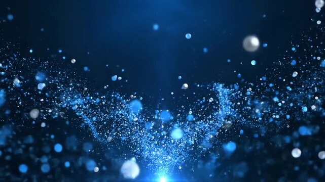 Abstract blue and silver particles rise from a glowing light source in a mesmerizing digital stream animation