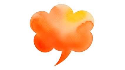 A vibrant watercolor speech bubble bursts with warm orange and yellow hues expressing artistic thought and creative communication