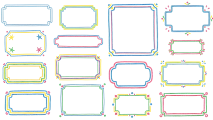 A vibrant collection of diverse digital frames featuring colorful pixelated borders and unique shapes for creative graphic design